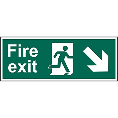 Image of V Safety Fire Exit Arrow Down Right Sign Landscape 600 mm x 200 Self Adhesive Vinyl