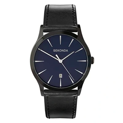 Image of SEKONDA Men&#039;s Quartz Watch with Blue Dial Analogue Display and Black PU Strap 3536
