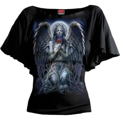 Image of Spiral Grieving Angel Boat Neck Bat Sleeve Top Black L