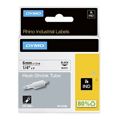 Image of DYMO Rhino Industrial Heat Shrink Cable Label Tubes 6mm x 1.5m Black Print on White for Makers