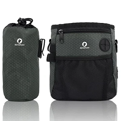 Image of SkyeFang Dog Food Bag, 2 in 1 Treat Bag for Dogs, with Water Bottle Removable Poop Dispenser Walking and Training (Black Green),7.1X2.5X7.9in