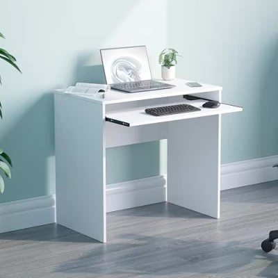 Image of Vida Designs Huby Small Computer Desk, Home Office Compact PC/Laptop Table, Gaming Study Portable, Workstation with Keyboard Tray, Furniture, White