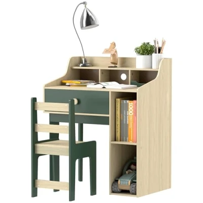 Image of AIYAPLAY Kids Desk and Chair Set, Children Study Table Set with Storage Shelves, Drawer, for 3 10 Years, Green