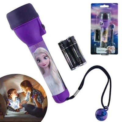 Image of HOVUK Disney Frozen LED Torch 16cm, Plastic Big Torch, Adjustable Attached Lanyard, Summer Camping Travel Battery Operated Emergency Flashlight for Kids 3+Years