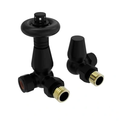 Image of NRG Traditional Corner Central Heating Radiator Valve 15mm Thermostatic Lockshield Valves Black