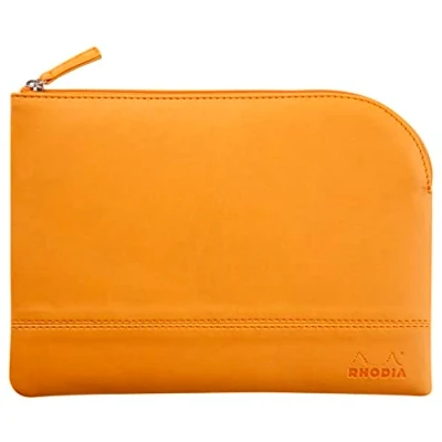Image of RHODIA 116647C Faux Leather Zipped Pouch Orange Size M (16x22 cm) Real Stitching Fabric Interior Storage of Documents, Small Supplies
