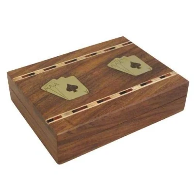 Image of Twin Wooden Playing Card Box with Cards Hand Made 3 Wood Inlay