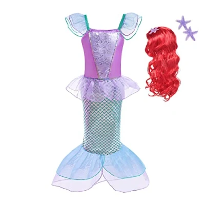 Image of Lito Angels Mermaid Princess Ariel Costumes Fancy Party Dress with Hair Wig for Kids Girls Age 2 3 Years Purple (Tag Number 100)