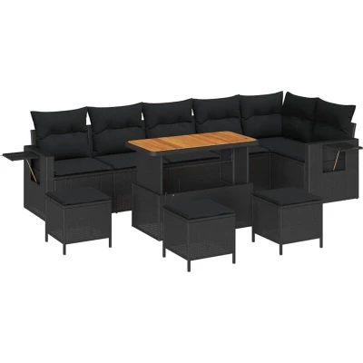 Image of vidaXL 10 Piece Garden Sofa Set with Cushions Black Poly Rattan Acacia