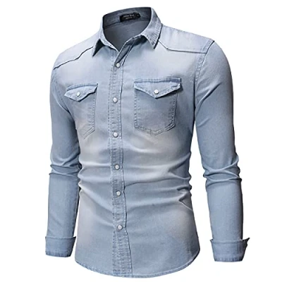 Image of Mens Button Down Denim Shirt Long Sleeve Lapel Jean Casual Slim Fit Washed Shirts with Chest Pockets(Light Blue,XX Large)