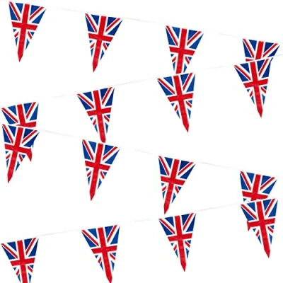 Image of 10m/33ft Long Union Jack Bunting Banner with 25 Triangle Flags Sports Royal Events Street Party Decorations Pub BBQ Great Britain Support