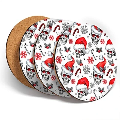 Image of Destination Vinyl ltd Great Coasters (Set of 4) Round Christmas Santa Hat Skulls Goth Drink Glossy Coasters/Tabletop Protection for Any Table Type #44607