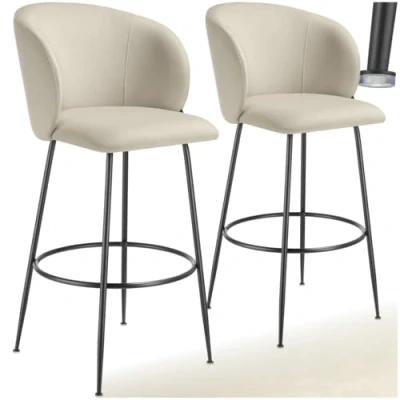 Image of TecTake® Set of 2 Bar Stools with Velvet Look Covers, Padded Stool Curved Backrests, Footrests &amp; Stable Steel Legs, Easy Assembly, Ideal as Dining Kitchen Island Cream/Black