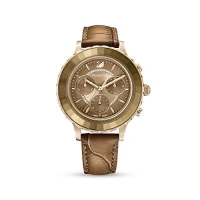 Image of Swarovski Lux Chronograph Watch, Brown Leather Strap, Gold Tone Sunray Dial and Crystal Details, from The Octea Collection