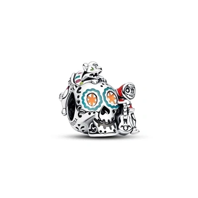 Image of Pandora Disney Pixar Coco skull sterling silver charm with red, green, orange, yellow, pink and glow in the dark enamel