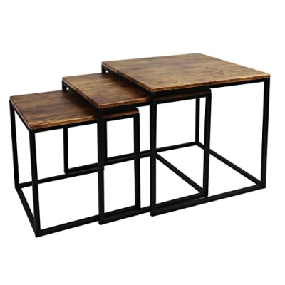Image of ASPECT Alana Set of 3 Nesting Table Vintage Wooden Tops/Steel Black Legs, 40x40x42 cm