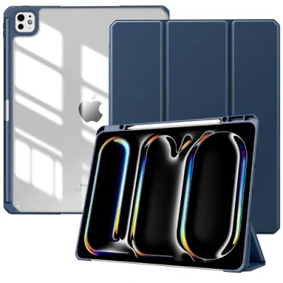 Image of TiMOVO for iPad Pro 13 inch (M4) Case 2024 with Pencil Holder, Slim Stand Protective Cover Clear Transparent Back Shell Tablet, Support Auto Wake/Sleep, Navy Blue