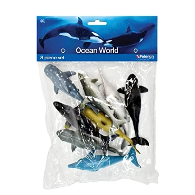Image of PETERKIN CLASSICS Ocean World 8 Piece Set 12 14cm Toy Figures White Shark, Whale Tiger Swordfish, Whale, Dolphin, Hammerhead Orca Roleplay Toys Ages 3+