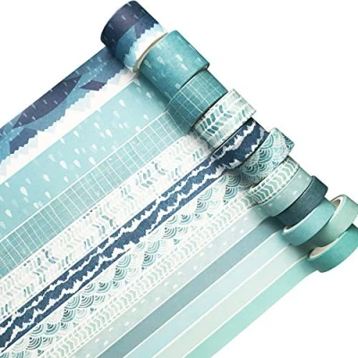 Image of YUBX 12 Rolls Washi Tape Set Modern Arts Decorative Tapes Grey Pink Blue Masking Sets for Craft, Kids, Scrapbook, Bullet Journal, DIY, Gift Wrapping (Blue Tracks)