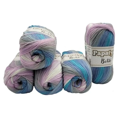 Image of Ilkadim Export 5 x 100 g Knitting Yarn Papatya Batik Multicoloured with Colour Gradient, 500 Wool Colourful, Gradient (Lilac Blue Grey White 554 40)