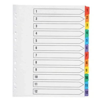 Image of indigo® Dividers, Extra Wide A4+, Index Multipunched Mylar Reinforced Multicolour Tabs White (1 12, Pack of 10)