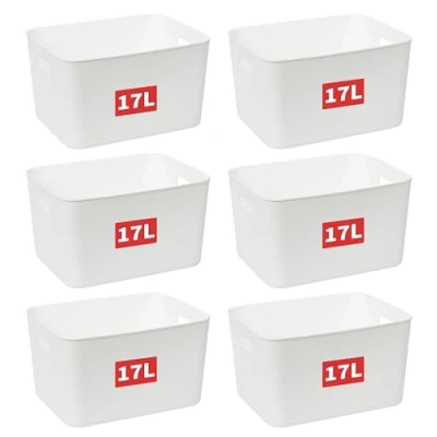 Image of Cetomo 17L* 6 Storage Basket, Plastic Open Box, Containers for Shelves, Organizers with Handles Office, Countertops, Cabinets, PP, BPA Free, White, 17L Pack (35 * 27 20cm)