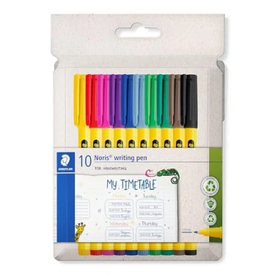 Image of Staedtler Noris writing pen 307 fineliner, housing made from 97% recycled plastic according to ISO 14021, cardboard case with 10 fineliners in assorted colours, C10