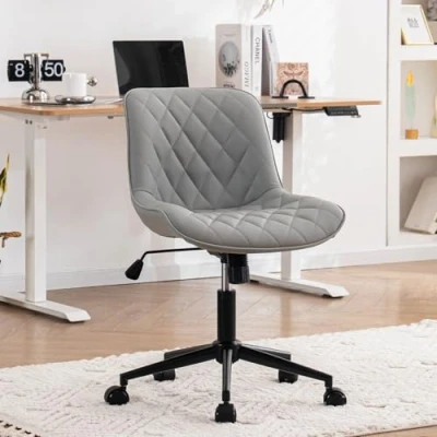 Image of YOUNUOKE Grey Home Office Chair Faux Leather Ergonomic Armless Desk with Backrest Swivel Task for Bedroom Living Room