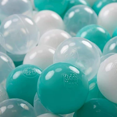 Image of KiddyMoon Soft Plastic Play Balls 300 Balls/7Cm 2.75In Multi Colour Made In EU, Light Turquoise/White/Transparent