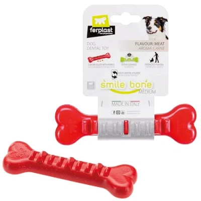 Image of Ferplast Dog Toy, Treat Dispenser Bone, Chew Made of Durable Material, Meat Flavoured, for Dental Hygiene, SMILE Medium Size Toys, Red