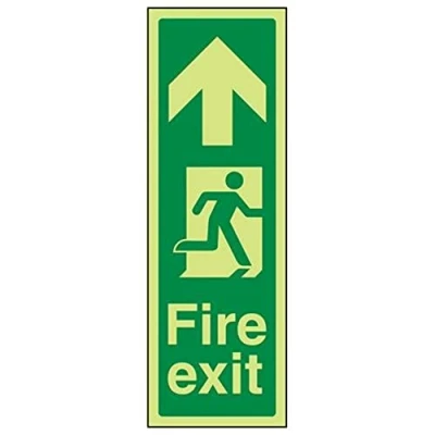 Image of V Safety Glow In The Dark Fire Exit Arrow Up Sign 150mm x 450mm Self Adhesive Vinyl