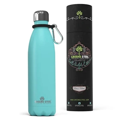 Image of Greens Steel Stainless Water Bottle 750ml, Aqua Blue Double Wall Vacuum Insulated Flask Carier Holder &amp; Gift Box Included Reusable, Leak Proof Sports for Adults Kids