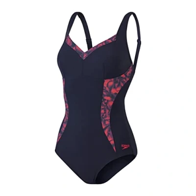 Image of Speedo Women&#039;s Shaping Printed Panel 1 Piece LunaElustre Navy/Red Swimsuit/Swimming Costume Size: 34&quot; Approx UK 12