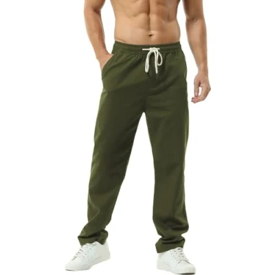 Image of HOEREV Men Casual Beach Trousers linen jean jacket Pants XXX Large Green