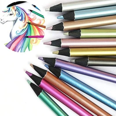 Image of 12 Colour Metallic Drawing Pencils Set, Professional Non Toxic Black Wood Coloring Kit Break Resistant &amp;Pre Sharpened Artist Colored Pen Sketching Painting for Kid Adult Students School