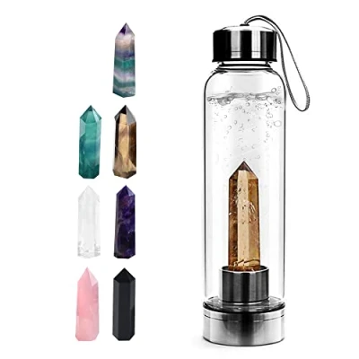 Image of Tyuodna Crystal Water Bottle, Removable Natural Quartz Glass Healing Portable Proof Leak Gemstone Bottle 550ml (Smoky Quartz+Bottle)