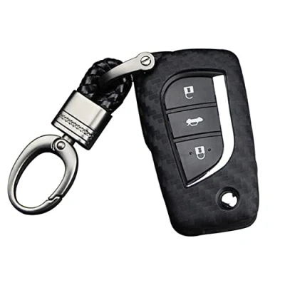 Image of OTMIK Carbon Fiber Pattern Silicone Car Key Cover fit for with Toyota Auris Corolla Avensis Verso Yaris Aygo case Accessories (key + keychain)