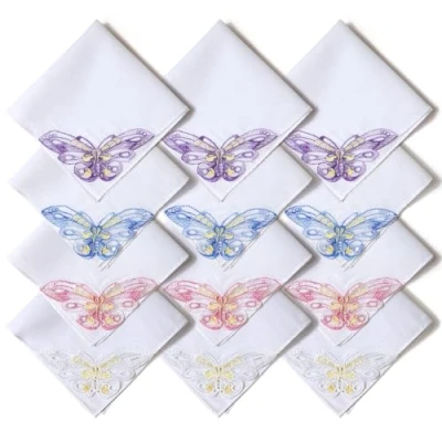 Image of Selected Hanky Women&#039;s Cotton Handkerchiefs with Butterfly Lace at Corner, Ladies Hankies 12 Pcs