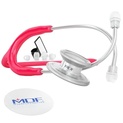 Image of MDF MD One Stainless Steel Stethoscope, Adult, Raspberry Tube, Silver Chestpieces Headset, MDF77723