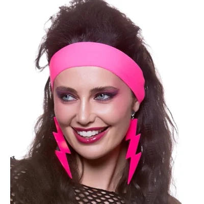 Image of WIcked Cosutmes Adult 80&#039;s Neon Pink Lightning Clip On Earings Fancy Dress Accessory