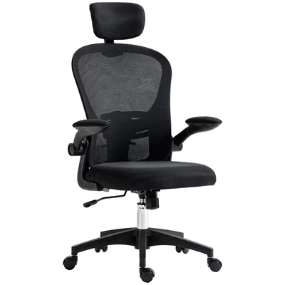 Image of Vinsetto High Back Office Chair, Mesh Computer Desk Chair with Rotatable Headrest, 4D Lumbar Support, Flip up Arm, Adjustable Height, Black