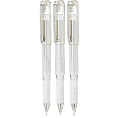 Image of Pentel White Hybrid Gel Grip DX Metallic Pens Broad 1mm Tip Nib 0.5mm Line Width ink K230 WO (Pack Of 3)
