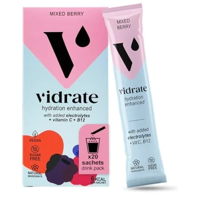 Image of Electrolytes Powder Hydration Sachets Packed with Vitamins Zero Sugar Rehydration Sachet No Artificial Sweeteners &amp; Preservatives by ViDrate Mixed Berry Large Pack, 20