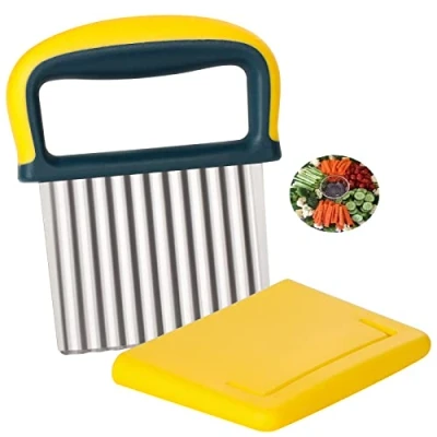 Image of Crinkle Slicer Potato Chipper Stainless Steel Cutter Wavy Blade Chips French Fry Vegetable Chopper Fruit Slicer, Yellow