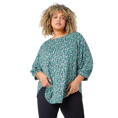 Image of Roman Curve Animal Print Stretch Top for Women UK Ladies Everyday Autumn Winter Round Neckline Comfy Soft Evening Vacation Work Party Night Out Green Size 18