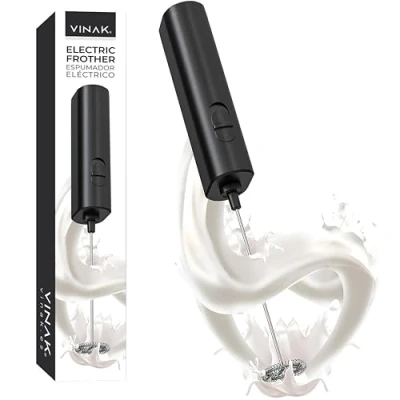 Image of VINAK Electric Milk Frother with Stainless Steel Mixer, Coffee Blender Latte, Cappuccino, Chocolate.Get Instant Creamy Lather Battery Operated