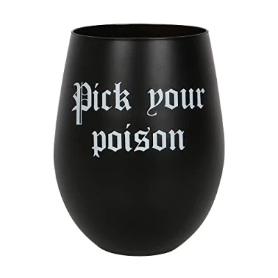 Image of Something Different Striking Black Pick Your Poison Stemless Wine Glass Gothic Theme with White Text, 500ml Capacity Ideal for Witches and Wizards