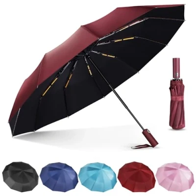 Image of Lychico Umbrella, Windproof Travel Umbrella Compact Automatic Folding Umbrellas for Rain, 12 Ribs Wind Resistant Portable Single Hand Use, Small,Light, Strong Backpack Blue