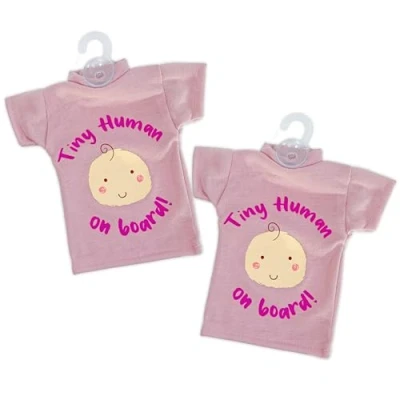 Image of Tek Automotive Tiny Human Baby On Board Sign for Car Twin Pack Pink T Shirt Design Accessories with Suction Cup Child Sticker Must Haves