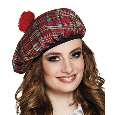 Image of Boland Mrs. Tartan Beret Red Scottish Checked Hat with Elastic Band Ideal Accessory for Fancy Dress, Carnival, and Theme Parties
